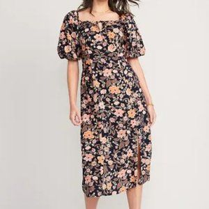 Puff-Sleeve Floral-Print Pintucked Smocked Midi Swing Dress for Women